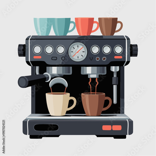 Colorful illustration of coffee machine with cups