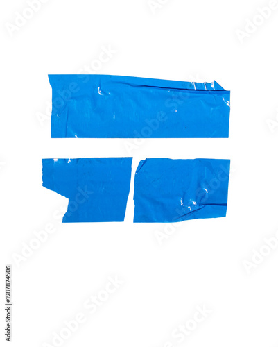 Two pieces of torn blue adhesive tape showing sticky texture and crumpled surface on a clean  background