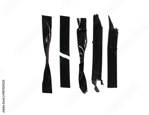 Five torn and broken strips of black electrical tape arranged vertically on a clean background, creating abstract shapes, different shapes and textures