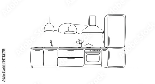 Kitchen Interior Sketch, Modern Design, Line Art, Minimalist Style, Appliances, Furniture