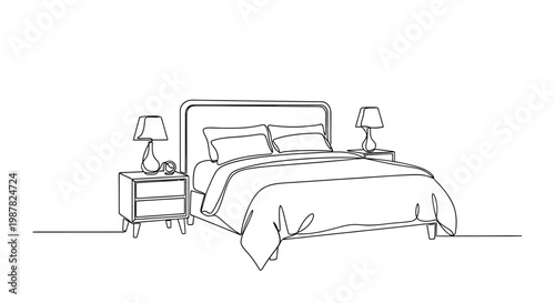 Bedroom interior sketch, bed with pillows and bedside tables with lamps, minimalist line art