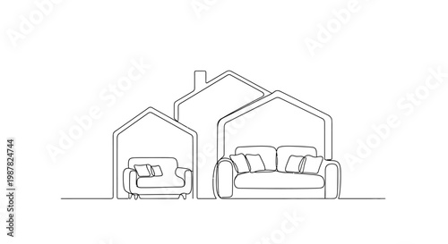 Cozy Home Interior: Minimalist Line Art of Sofa and Armchair Inside House Outline