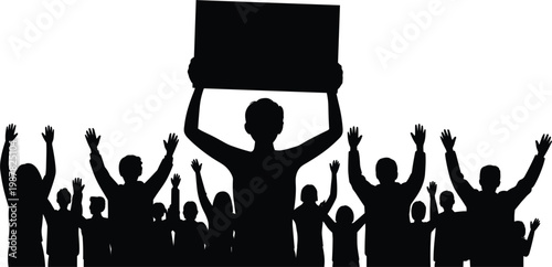 Protest crowd silhouettes with blank sign, people raising hands, demonstration rally vector illustration