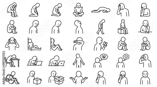 Set of human figures depicting various emotions and poses in simple outline