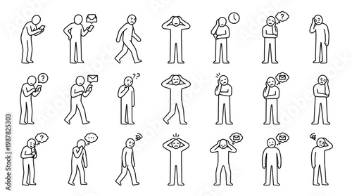 Set of minimalist line art figures depicting various human emotions and actions