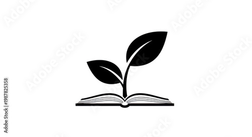 Symbolic representation of plant growth emerging from an open book symbolizing knowledge and learning transparent background