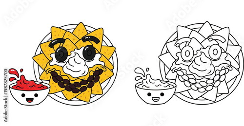 Cute Kawaii Nachos with Salsa Bowl Illustration Set, Mexican Food Cartoon Character with Coloring Page for Kids, Vector Art Design.