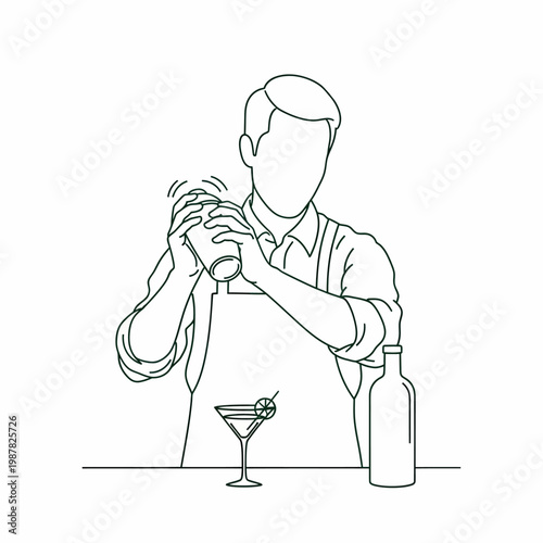 Line art illustration of a bartender shaking a cocktail shaker with a martini glass and bottle on the counter.