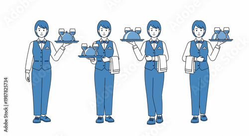 Four female waitstaff in blue uniforms holding trays with glasses, depicted in a simple, illustrative style.