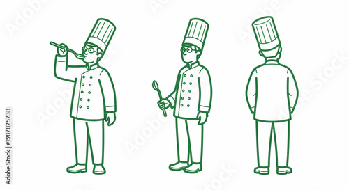 Three green line art illustrations of a chef in different poses: tasting food, holding utensils, and viewed from behind.