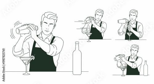 A detailed illustration showing a bartender preparing a cocktail, including shaking, pouring, and garnishing a drink in a martini glass.