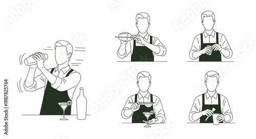Illustrations of a bartender preparing and serving drinks, demonstrating various cocktail making techniques and bar duties.