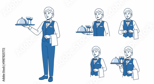 Illustration of a waiter or waitress in uniform holding a serving tray with food and drinks, presented in various poses.