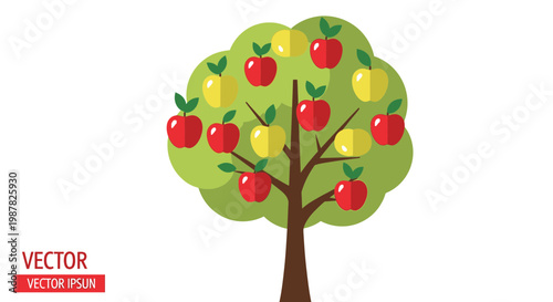 Flat Design Apple Tree with Red and Yellow Fruits