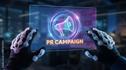 Hands wearing futuristic gloves hold a transparent screen displaying a megaphone icon and the text 'PR CAMPAIGN' in a digital interface.