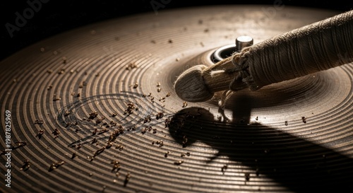 Vinyl record playing on turntable closeup.