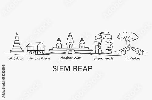 Flat Design one line without breaking the Siem Reap city.