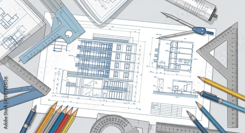 Architectural blueprints and drafting tools laid out on a table for design.