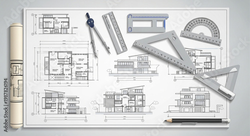 Architectural blueprints and drafting tools laid out on a table.