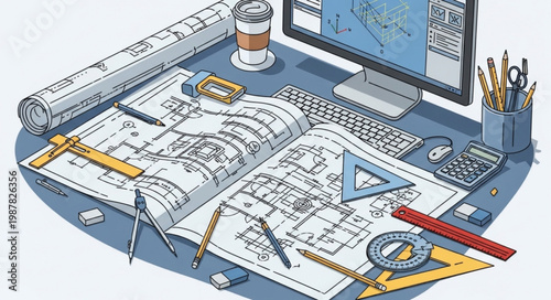Architectural blueprints and drafting tools on a desk with computer.