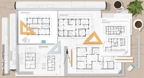 Architectural blueprints and drafting tools on a desk.