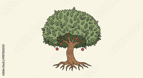 Hand-drawn apple tree with ripe red fruits and green leaves, isolated on light background.
