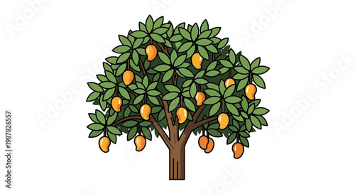 Healthy Mango Tree with Ripe Fruits, Tropical Fruit Plant Illustration