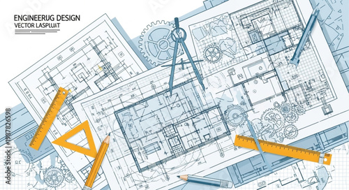 Architectural blueprints and drafting tools on a white background.
