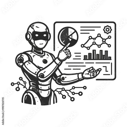 Artificial Intelligence Robot Presenting Data Analysis and Business Intelligence with Digital Charts and Graphs for Strategic Decision-Making