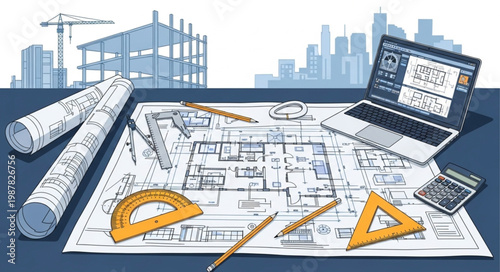 Architectural blueprints and tools for building design and construction planning.