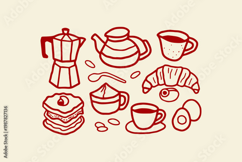 Hand-drawn breakfast and coffee items with moka pot teapot eggs croissant breakfast croissant illustration delicious traditional homemade refreshment beverage restaurant nutrition