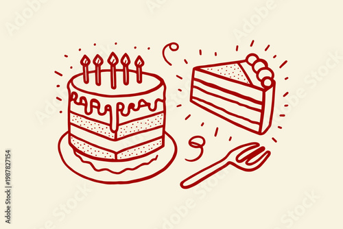 Hand-drawn square birthday cake with frosting drips and a slice of cake with a fork birthday celebration confectionery delicious appetizing illustration collection frosting