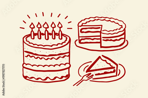 Delicious layered birthday cake with lit candles and a slice of cake on a plate with a fork hand drawn birthday celebration confectionery delicious appetizing illustration collection