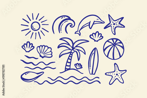 Hand-drawn summer beach icons with dolphin surfboard palm tree white background marine life surfboard starfish seashell illustration vacation tropical creative iconography