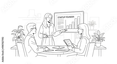 Startup founder presenting business growth strategy to team in modern office