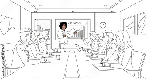 Diverse team in boardroom presentation with growth chart and female leader pointing