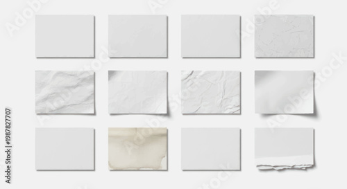Collection of blank white paper notes and scraps with textured and crumpled effects