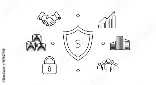 Financial Security Concept: Shield with Dollar Sign, Handshake, Coins, Growth Chart, Building, People, Lock