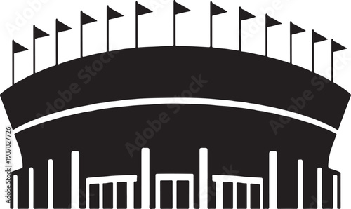 Black silhouette of a large stadium with flags on the roof and vertical entrance pillars