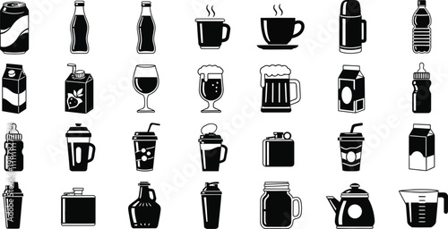 Black and white of various drink containers and glasses drink beverage symbols black and white containers 1