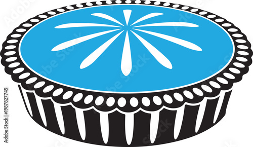 Of a round pie with a bright blue filling, white starburst pattern, and a dark fluted crust edge