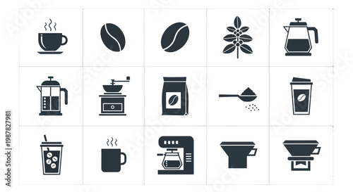 Coffee Icons Set: Beans, Cup, Machine, Grinder, Pot, Plant, Bag, Filter, Spoon