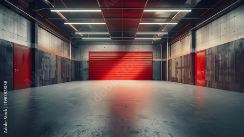 A large empty warehouse with a red garage door and industrial lighting