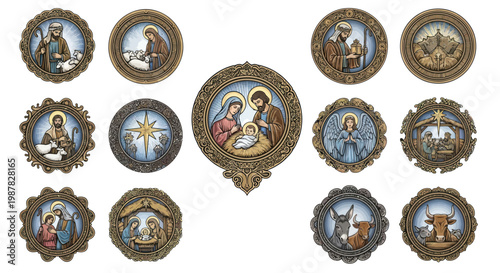 Nativity Scene Collection: Ornate Round Medallions with Biblical Christmas Story Elements