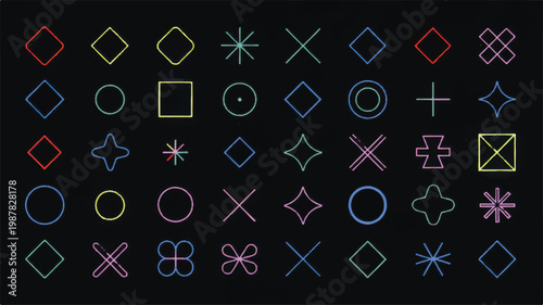 A black background showcases a grid of 25 geometric shapes in various colors and designs.