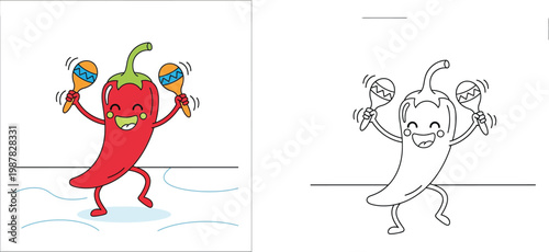 Cute cartoon red chili pepper character dancing with maracas vector illustration, includes black and white coloring book page version for children.