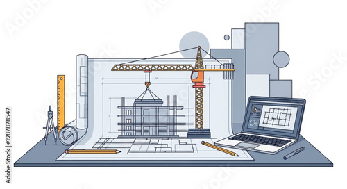 Architectural blueprint and construction site illustration.