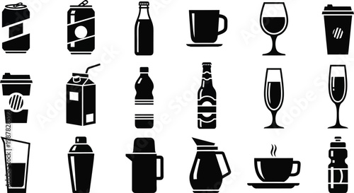 Black and white of various drink containers and glasses drink beverage symbols black and white coffee cup