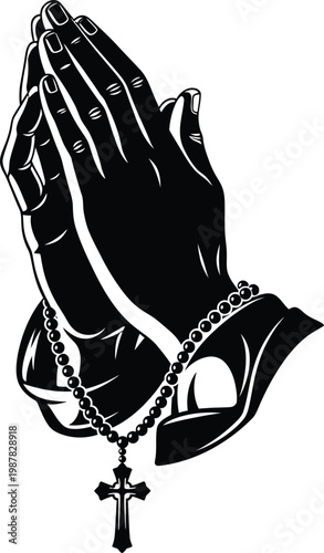 Black silhouette of praying hands with rosary and cross prayer