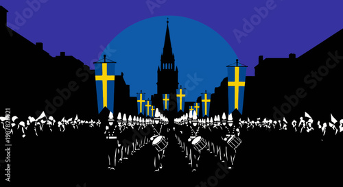 Swedish national day celebration with a procession and waving flags